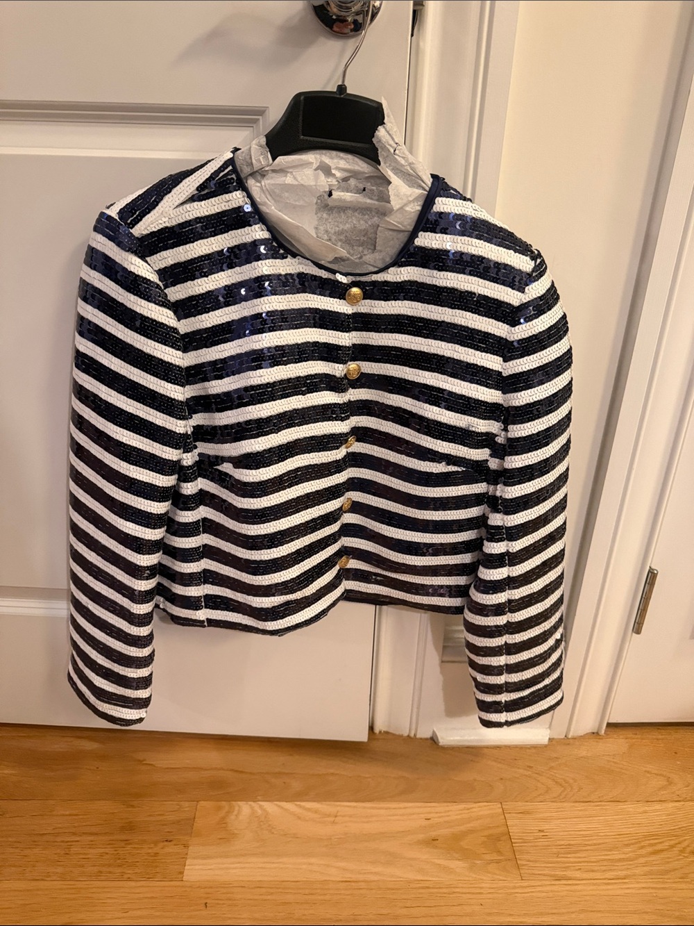 J. Crew Collection Size 12 Navy & White Striped Sequin Jacket